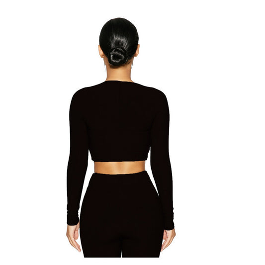 U-Neck Long Sleeve Solid Color Crop Top + Skinny Mini Skirt 2-Piece Set