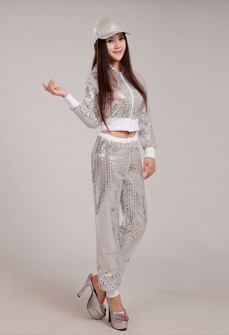 Sequin Sparkling Glitter Women's Zipper Bomber Jacket + Elastic Waist Pants Tracksuit to 3X Plus Size