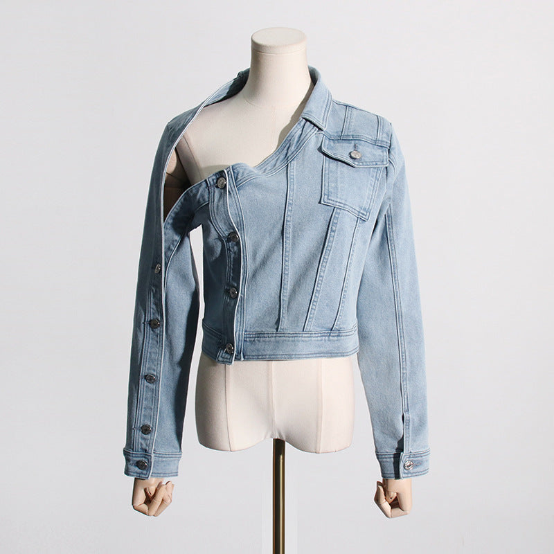 Faded Denim Light Blue Asymmetrical Hollow-Out One Sleeve Women's Irregular Jean Jacket