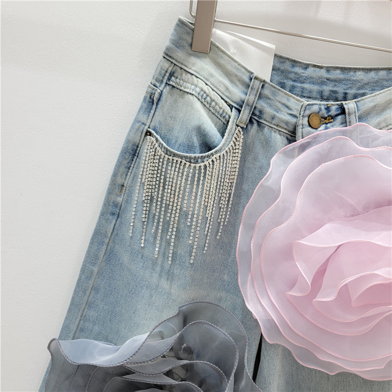Embroidered Rose Flower Crystal Tassel Design High Waist Women's Jeans
