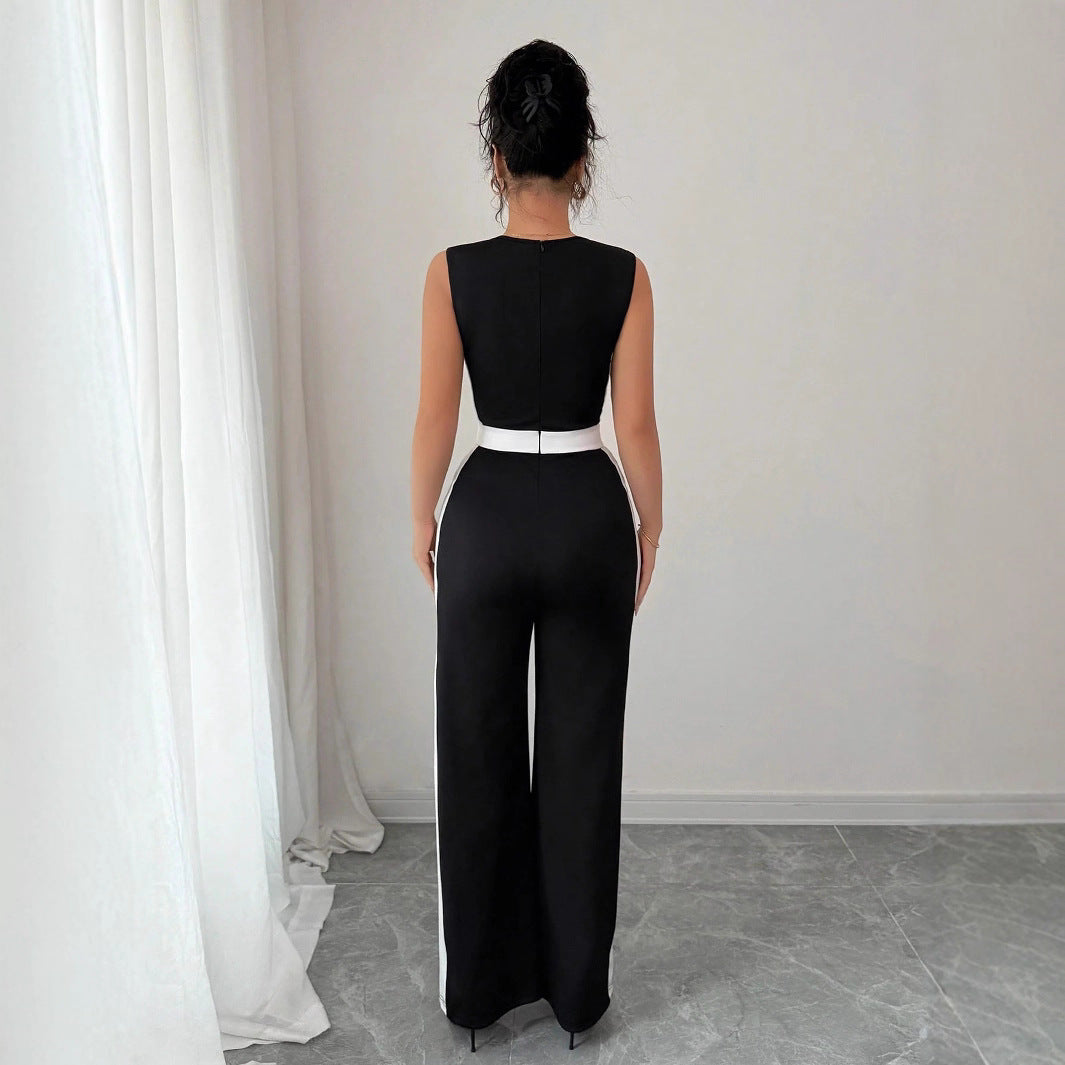 Colorblock Black/White Side Striped Women's Sleeveless Wide Leg Bodycon Jumpsuit