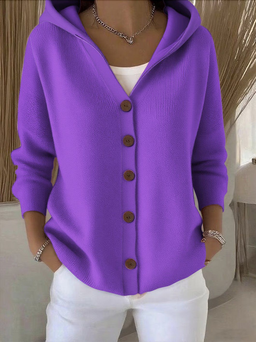 Button-Up Solid Color Knitted Women's Hoodie Cardigan Sweater to 5X Plus Size