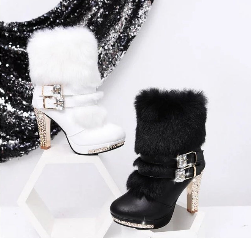 Rhinestone Embellished Faux Fur/Leather Chunky Stiletto Heel Women's Ankle Boots