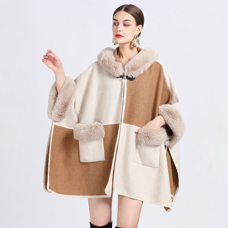 Colorblock Women's Faux Fur Collar Hooded Shawl Cape Coat