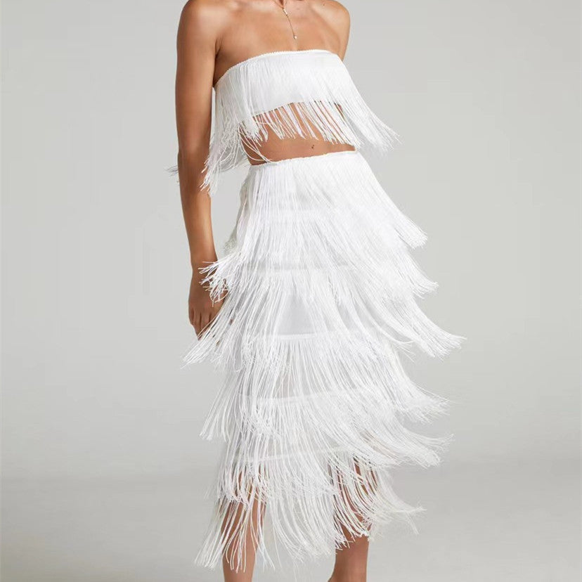 Hanging Tassel Fringe Sleeveless Tube Top + Maxi Skirt Women's 2-Piece Set