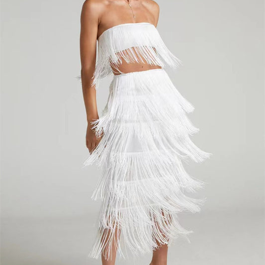 Hanging Tassel Fringe Sleeveless Tube Top + Maxi Skirt Women's 2-Piece Set