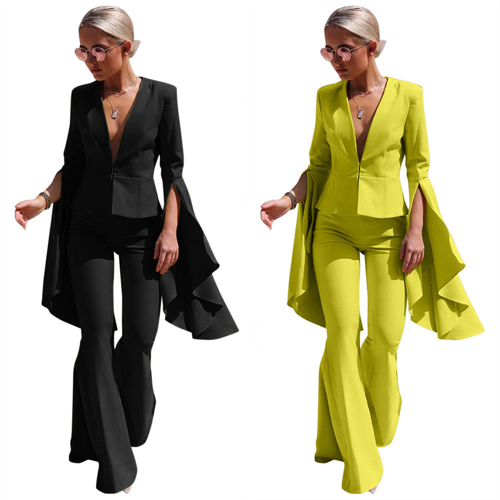 Irregular Oversized Split Ruffle Sleeve Women's Blazer Jacket + Flared Pants Suit to 3X Plus Size