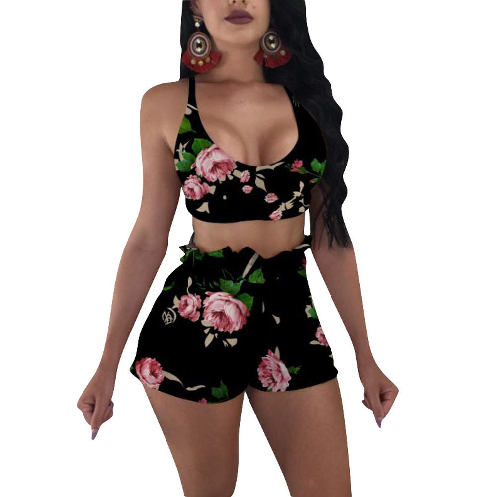 Flower Print V-Neck Crop Tank Top + Lace-Up Women's 2-Piece Set