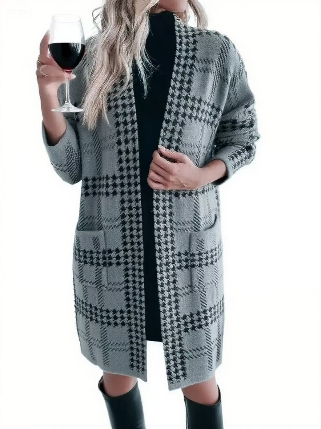 Plaid Houndstooth Print Knitted Pocketed Women's Long Sleeve Maxi Sweater