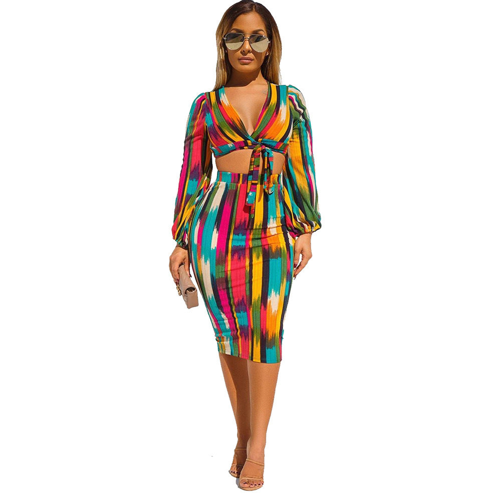 Tie-Dye Geometric Multicolored Striped Lace-Up Long Sleeve Crop Top + Midi Skirt Two-Piece Set