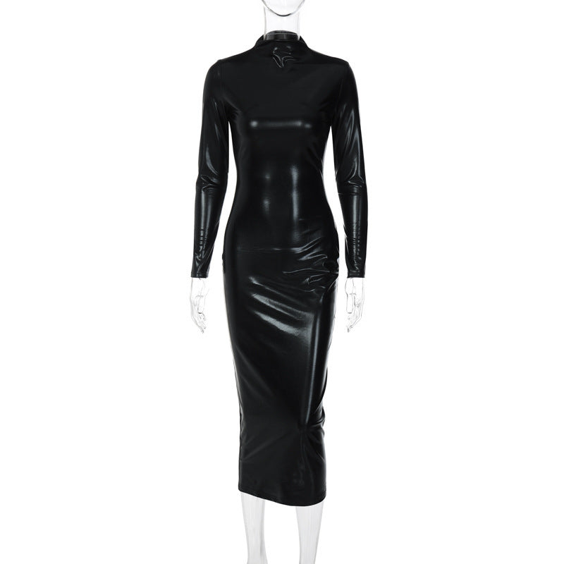 PU Leather Skin Tight Long Sleeve Solid Color Party Dress