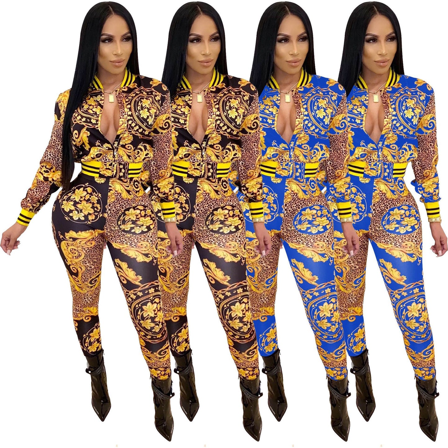 Floral Leopard Baroque Print Long Sleeve Zipper Bomber Jacket + Skin Tight Leggings Women's 2-Piece Set
