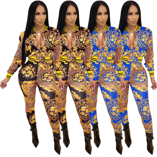 Floral Leopard Baroque Print Long Sleeve Zipper Bomber Jacket + Skin Tight Leggings Women's 2-Piece Set