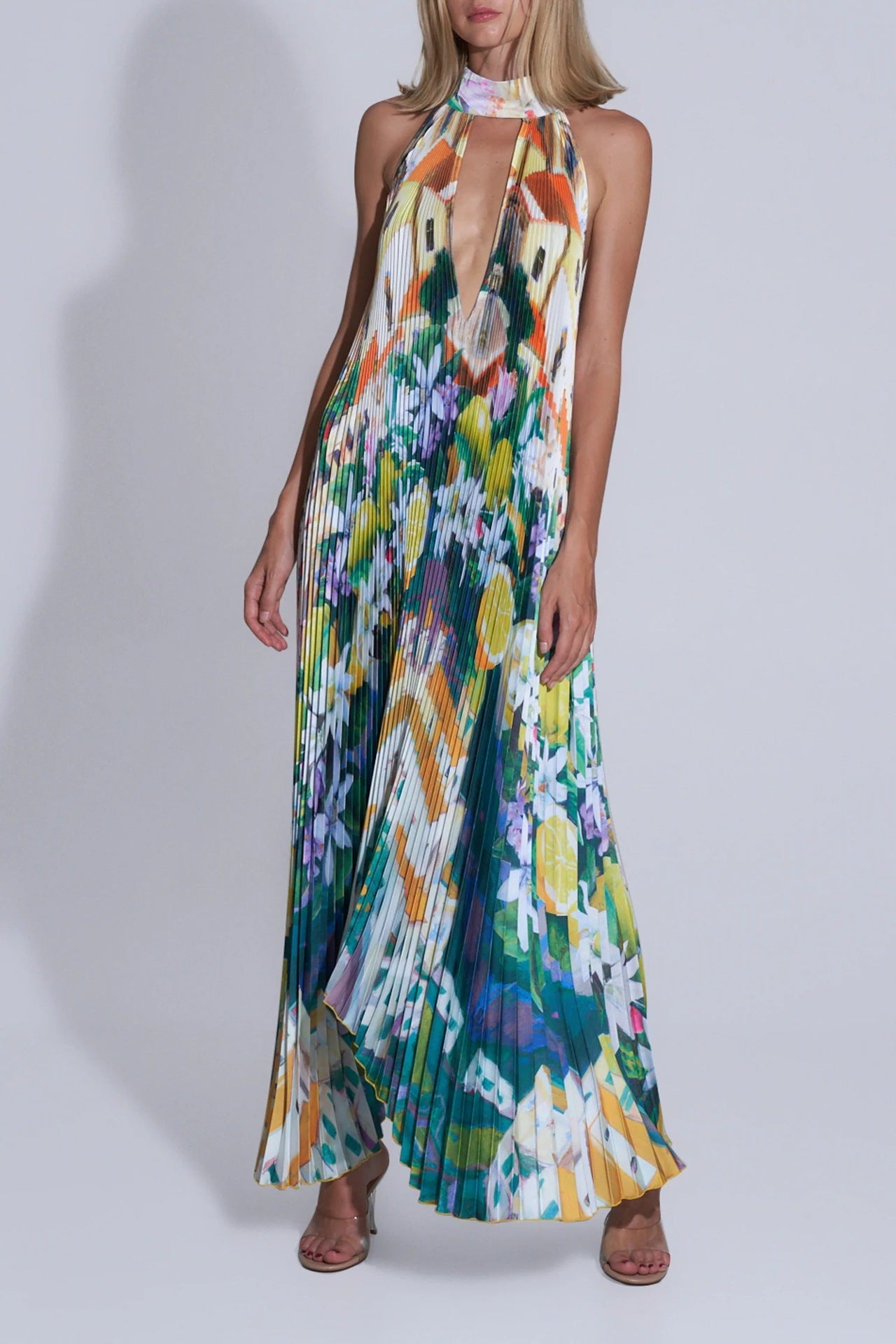 Floral Print Pleated Sleeveless Deep V-Neck Halter Backless Swing Maxi Dress