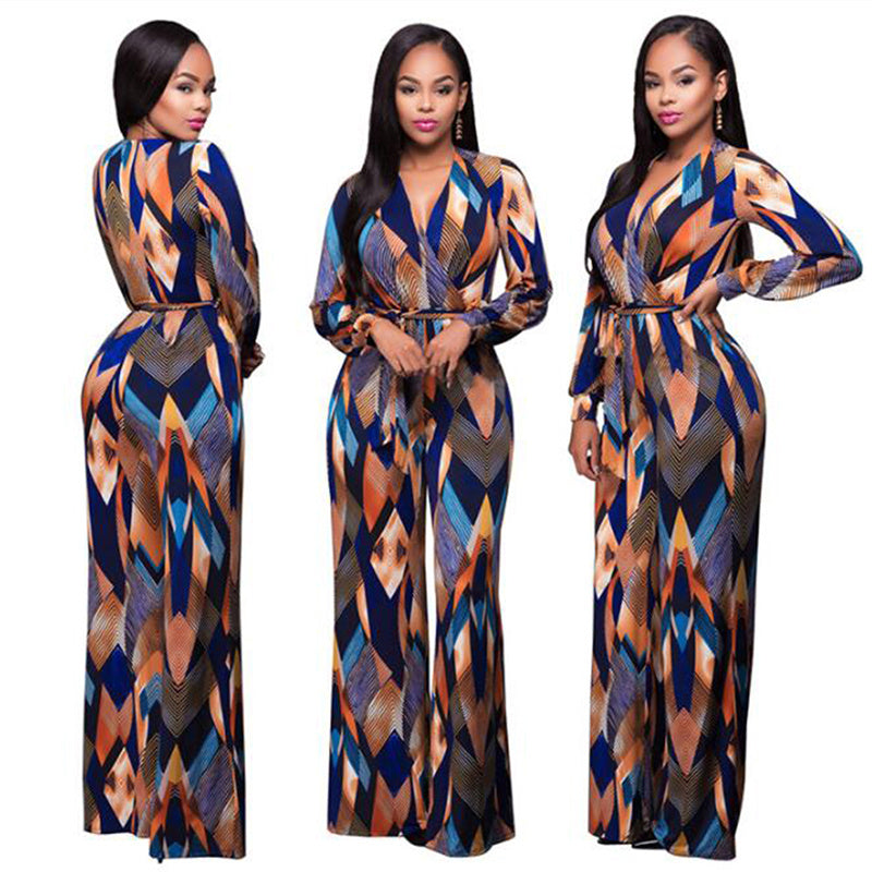 Colorblock Geometric Digital Print V-Neck Long Sleeve Women's Sash Belted Jumpsuit