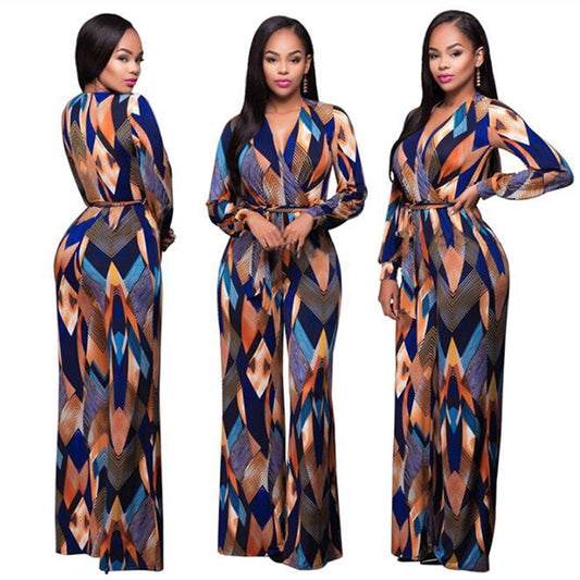 Colorblock Geometric Digital Print V-Neck Long Sleeve Women's Sash Belted Jumpsuit