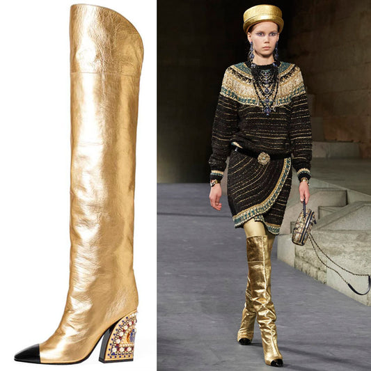 Women's Fashion Mirror Colorblock High Heel Over Knee Boots