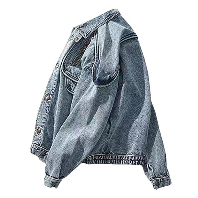 Men's Oversized Denim Faded Acid Washed Zipper Pocket Design Jean Jacket