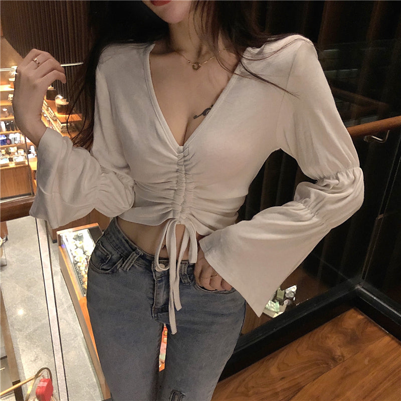 Drawstring V-Neck Women's Long Flared Sleeve Solid Color Shirt