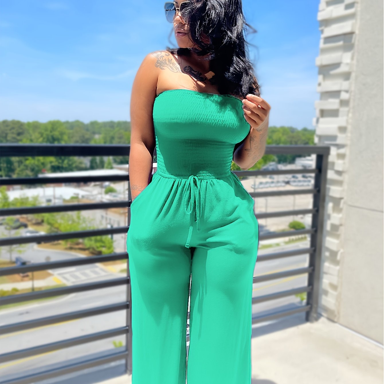 Sleeveless Waffle Pattern Solid Color Sash Belted Women's Tube Top Jumpsuit