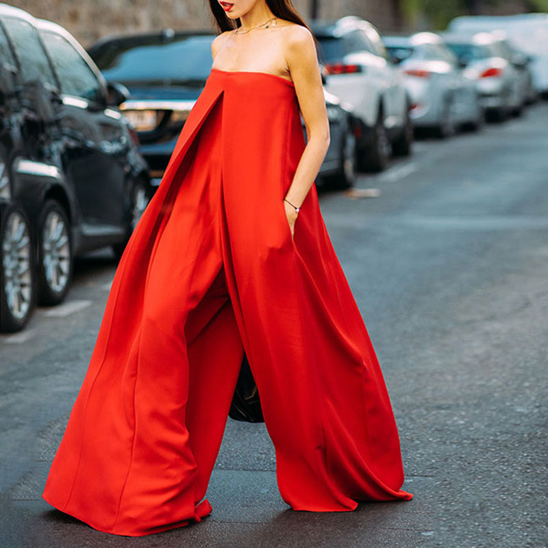 Bright Red Flat Oversized Sleeveless Front Slit Layered Wide Leg Tube Top Jumpsuit