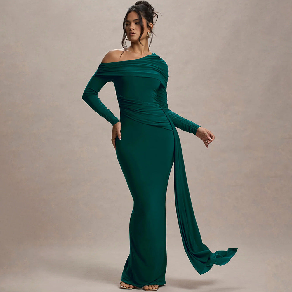 Crossbody Asymmetrical Ruched  Ribbon Train Design Long Sleeve Sheath Maxi Dress