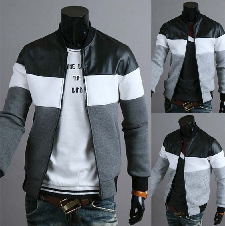 Men's Hip-Hop Black/White/Grey Striped Colorblock O-Neck Zipper Bomber Jacket