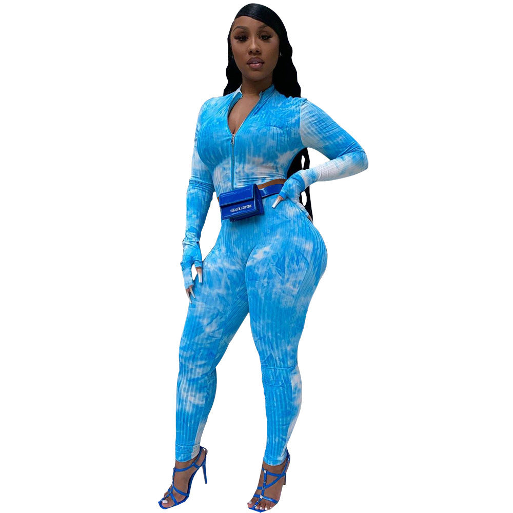 Tie-Dye Print Ribbed Long Sleeve Fitness Zipper Crop Jacket + Skinny Workout Gym Leggings Women's Tracksuit