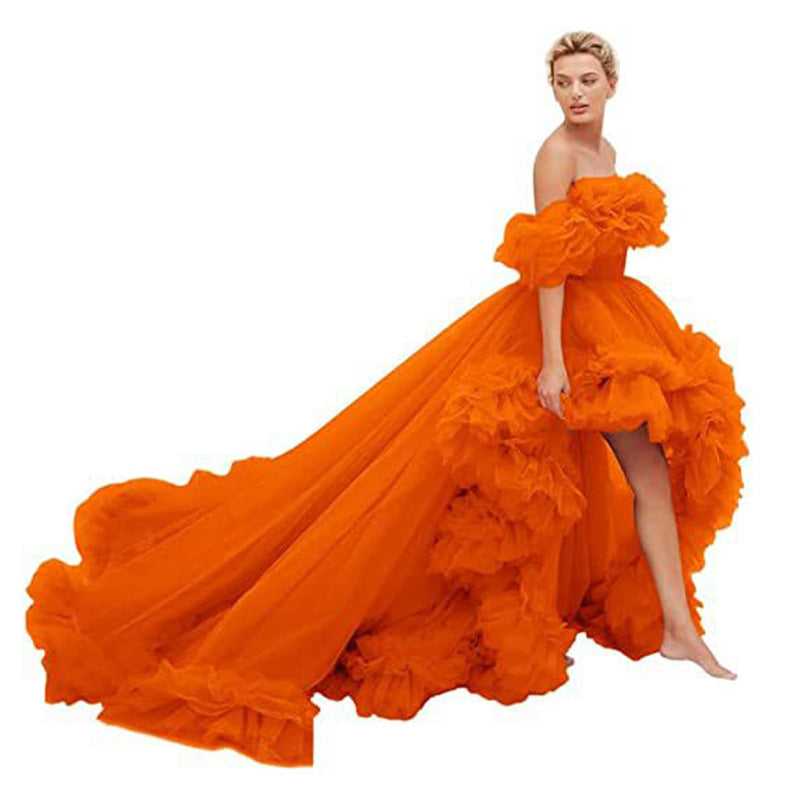 Oversized Ruffled High Low Tulle Off-the-Shoulder Long Tail Party/Prom/ Photoshoot Evening Gown Formal Dress