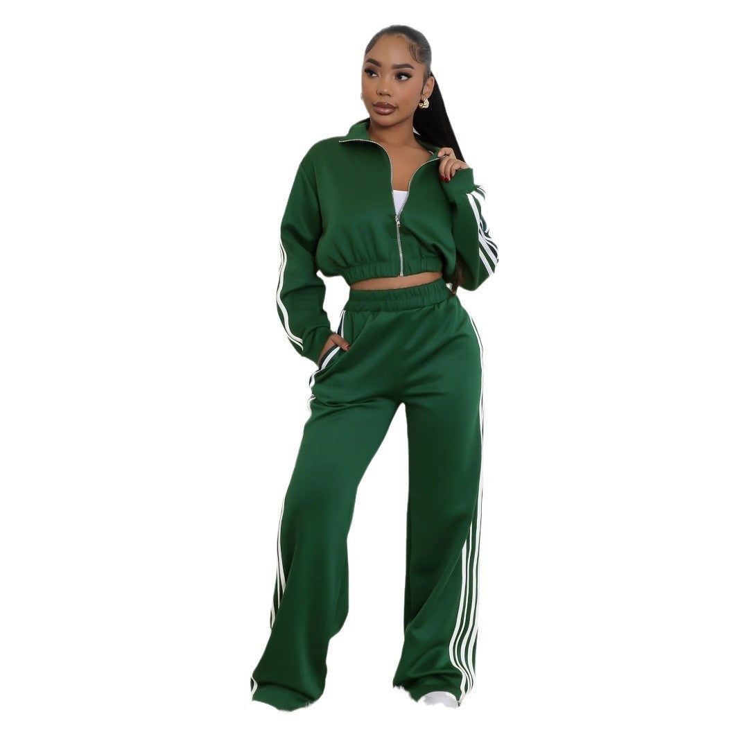 Side Striped Women's Sweat Jacket + Wide Leg Sweatpants Tracksuit