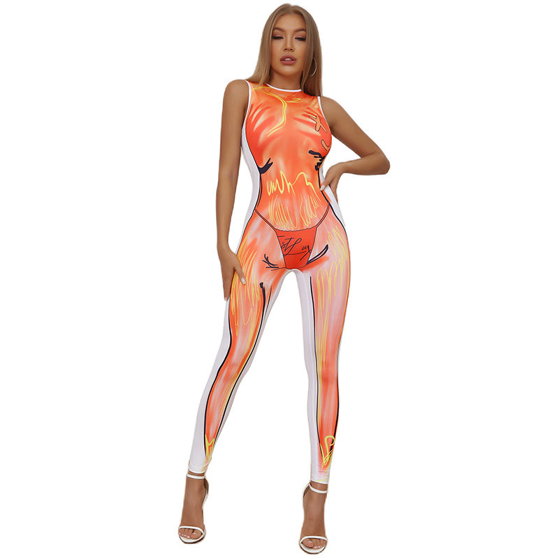 Sleeveless 3D Flame Human Anatomy Print O-Neck Sleeveless Skin Tight Women's Jumpsuit