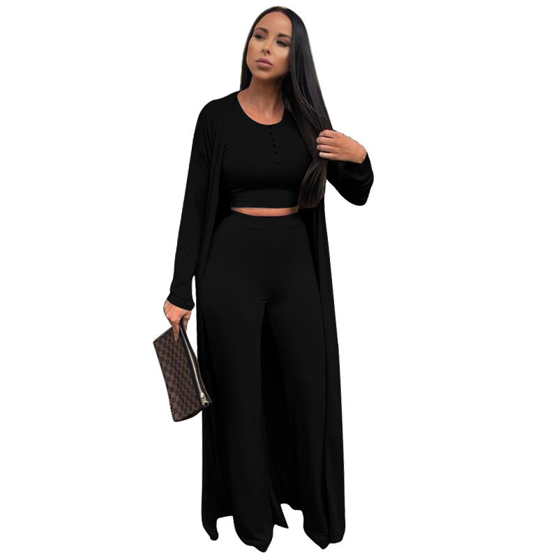 Open Solid Color Women's Maxi Cardigan + Button-Up Crop Top + Elastic Waist Leggings 3-Piece Set