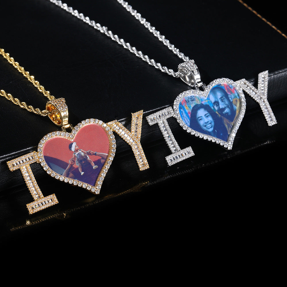 Customized Cubic Zirconia Letter Patchwork Heart Photo Pendant Chain Necklace
