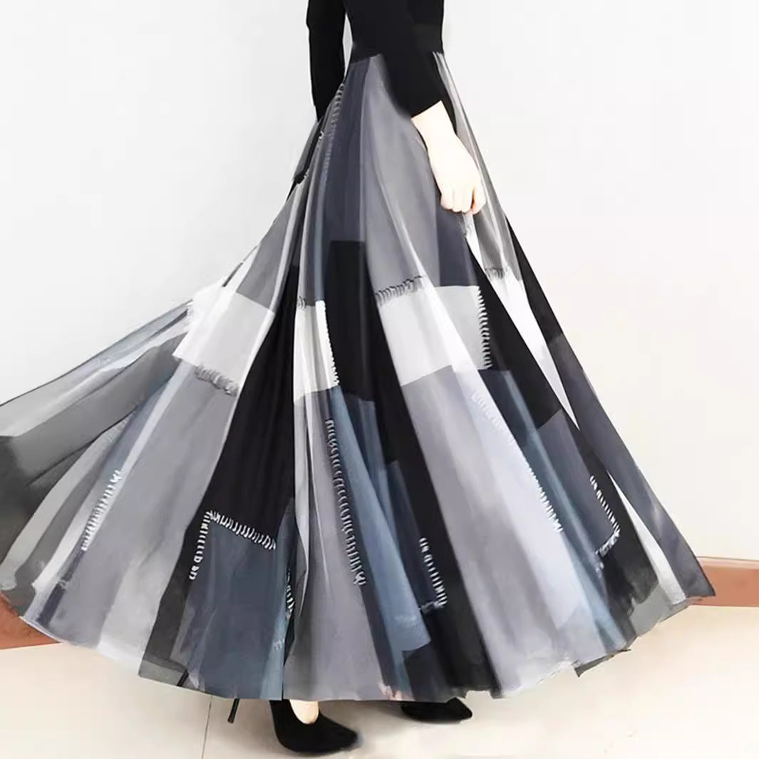 Oversized Mesh Sheer Plaid Colorblock Flared Maxi Big Swing Skirt