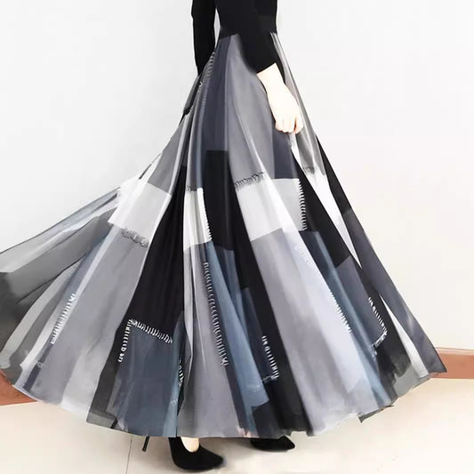 Oversized Mesh Sheer Plaid Colorblock Flared Maxi Big Swing Skirt