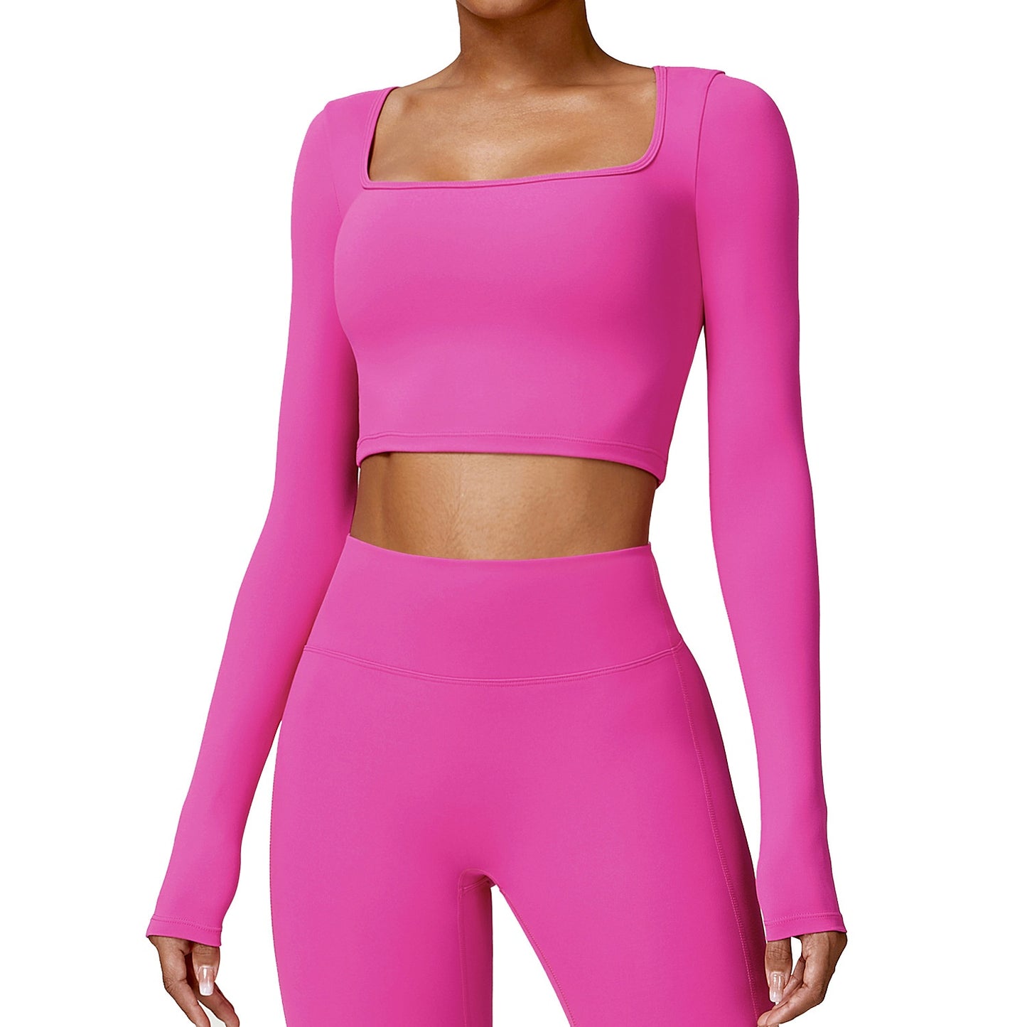 Fitness Long Sleeve Solid Color Workout Crop Top + Leggings Women's 2-Piece Gym Set