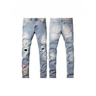 Men's Ripped Colorblock Tie-Dye Print Hip-Hop Stretch Skinny Jeans