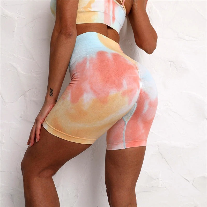 Pastel Tie-Dye Seamless Women's Yoga Crop Bra + Workout Fitness Shorts 2-Piece Set