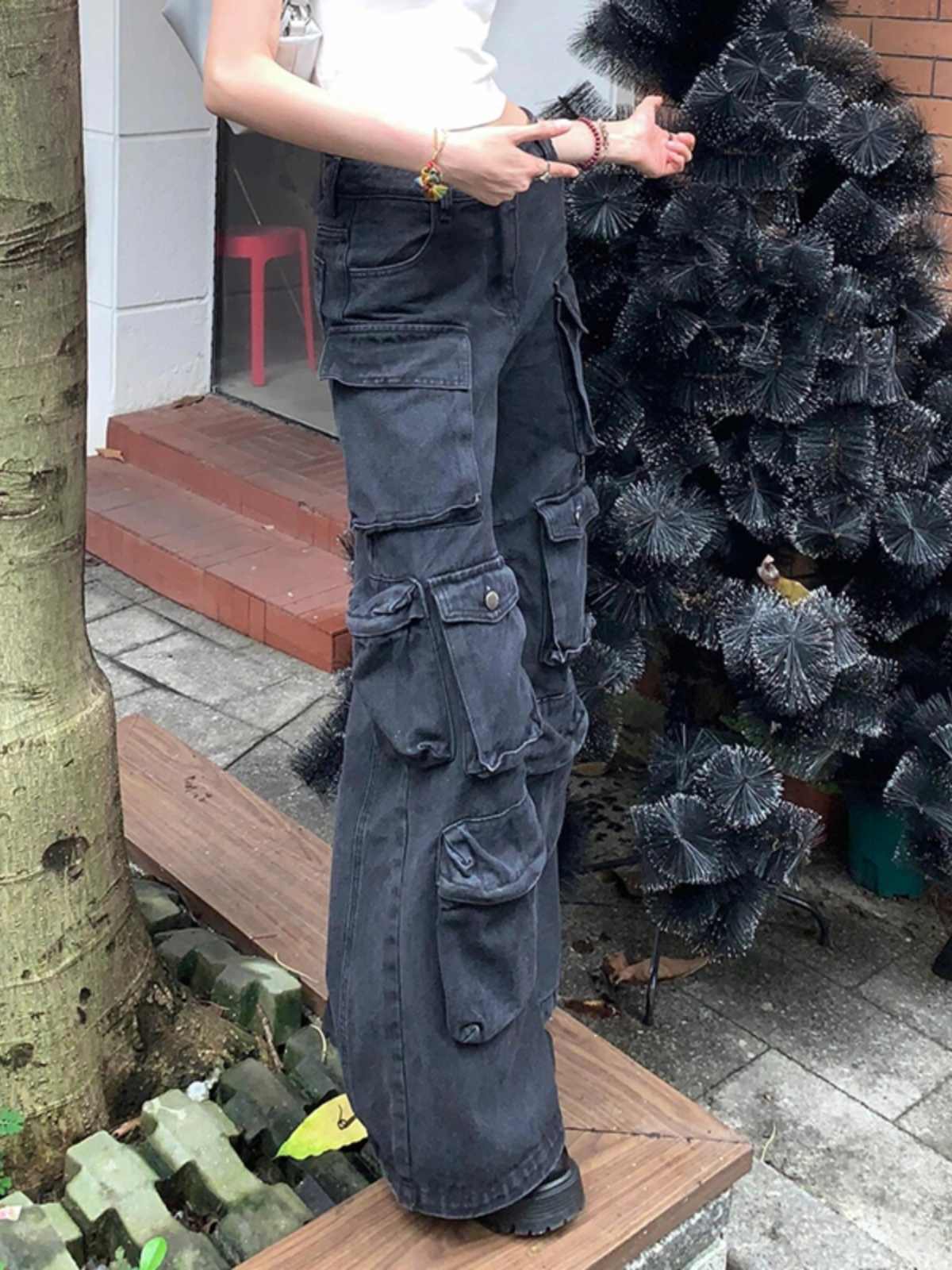 Black Washed Faded  Multi-Pocketed Women's Loose Wide Leg Cargo Jeans to 4X Plus Size