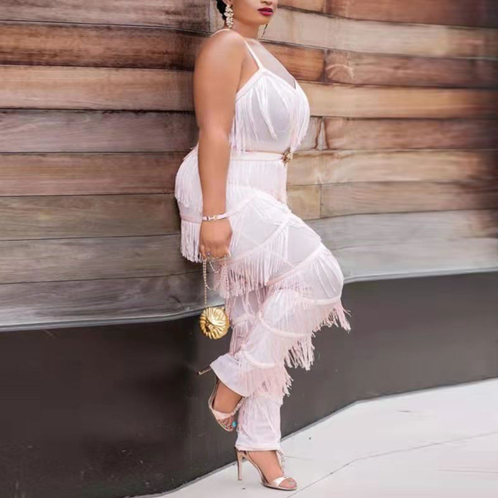 White Tassel Fringe Detail Sleeveless Spaghetti Strap Women's Solid Color Jumpsuit to 5X Plus Size