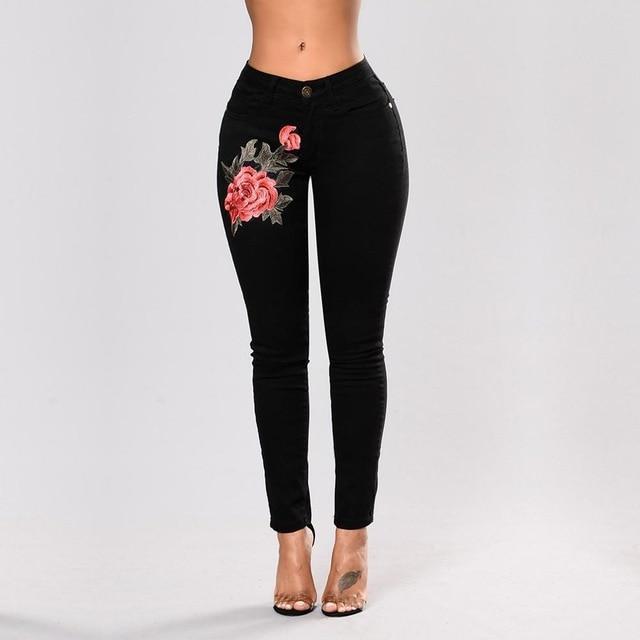 Rose Embroidered Ripped Women's Denim Skinny Jeans to 3X Plus Size