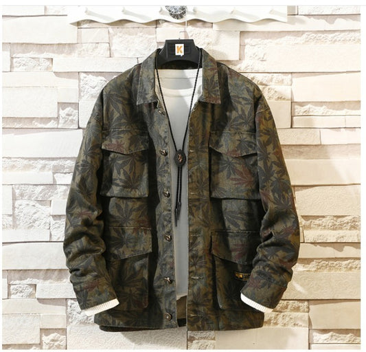 Men's Denim Hip-Hop Camoflauge/Hemp Flower Print Cargo Multi-Pocketed Jean Jacket to 4X Big & Tall