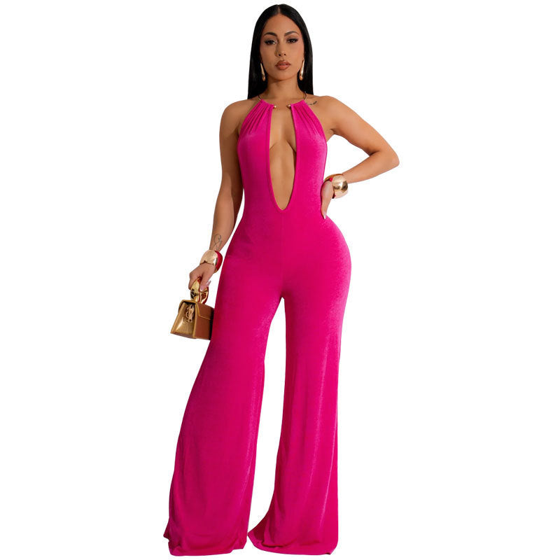 Sleeveless Pastel Solid Color Backless Women's Sexy Deep V-Neck Wide Leg Jumpsuit