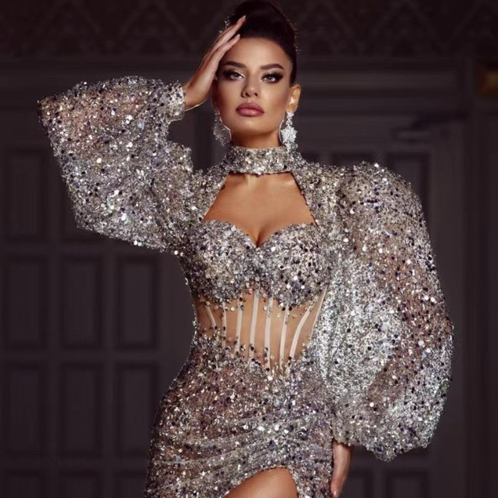 Metallic Crystal Rhinestone Corset Design Sheer Long Puff Sleeve Ruched Formal Maxi Party Dress