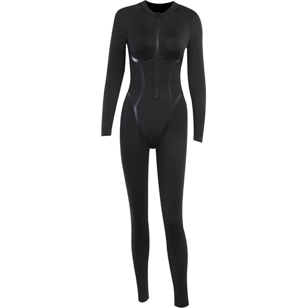 Leather Ribbon Split Line Design Women's Long Sleeve Zipper Skinny Jumpsuit