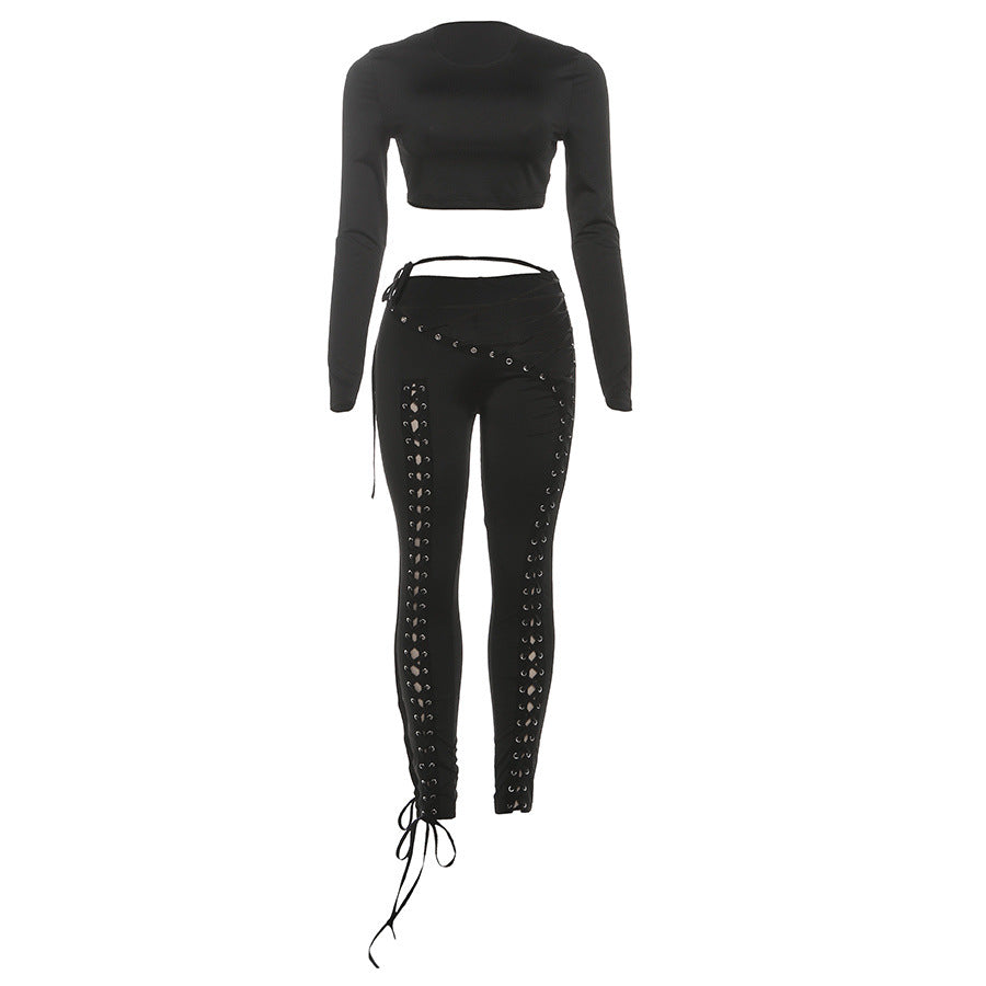 Sexy Long Sleeve Hollow-Out Lace-Up Women's Crop Top + Skin Tight Leggings 2-Piece Set