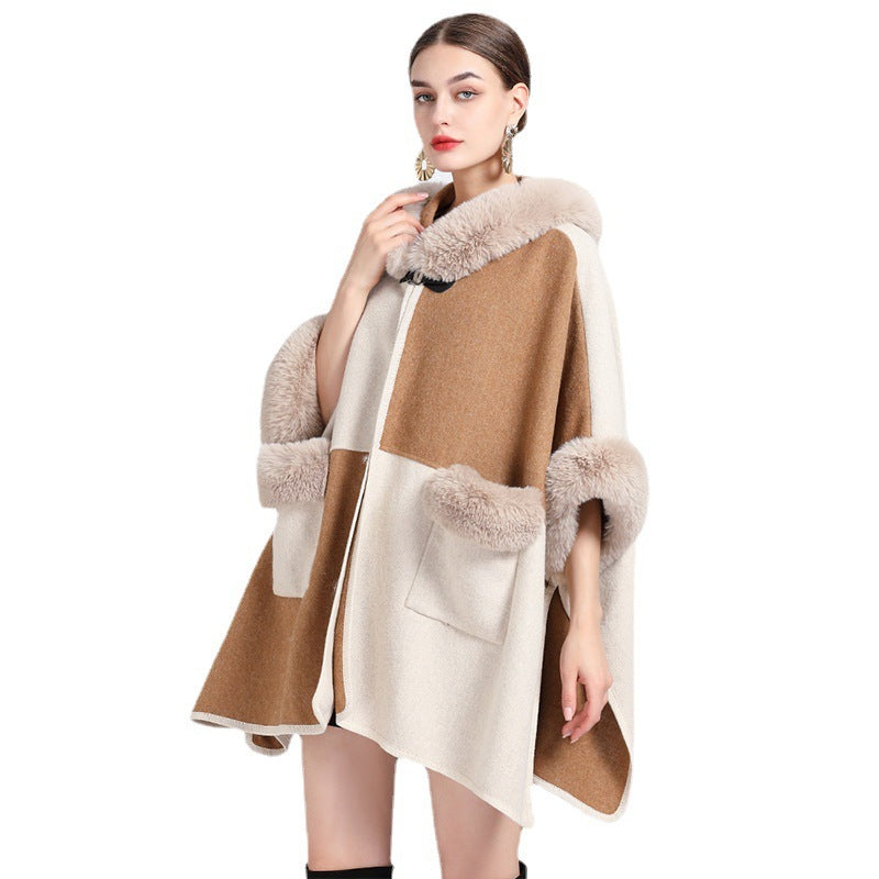 Colorblock Women's Faux Fur Collar Hooded Shawl Cape Coat