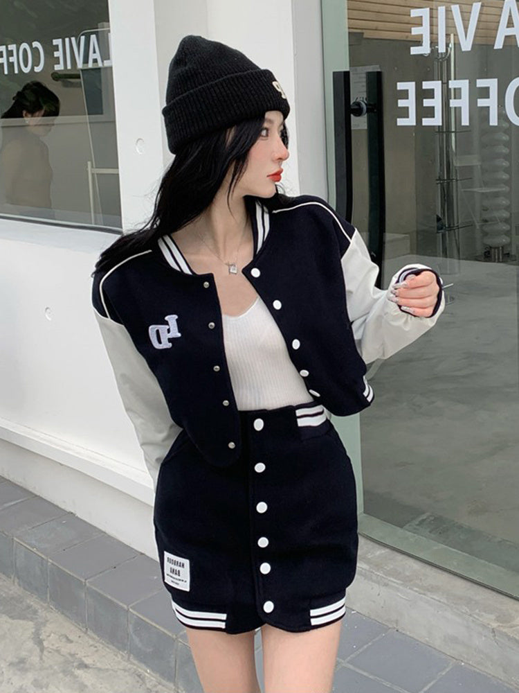 Black/White Button-Up Long Sleeve Striped Colorblock Cropped Varsity Baseball Bomber Jacket + Mini Skirt Women's 2-Piece Set to 4X Plus Size *SOLD AS SEPARATES*