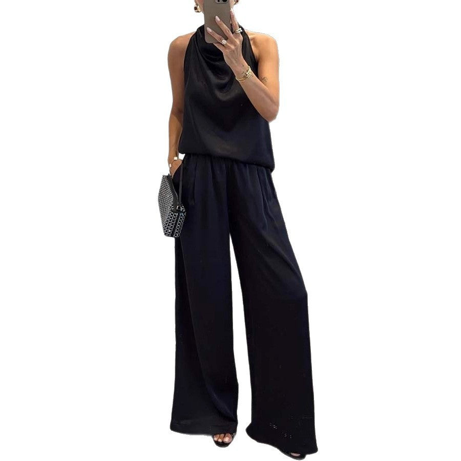 Satin Draped Women's Solid Color Sleeveless Vest + Pants 2-Piece Set