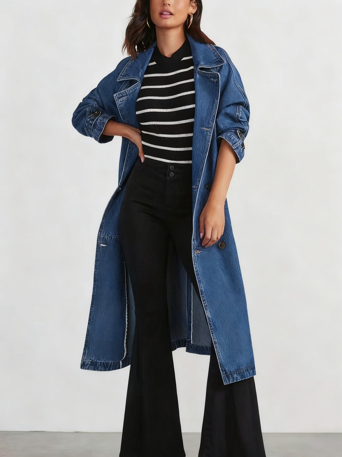 Denim Button Front Double Breasted Women's Long Sleeve Lace-Up Windbreaker Jean Trenchcoat